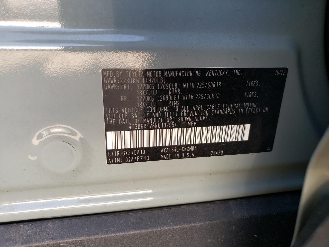 2022 Toyota Rav4 Xle Premium VIN: 4T3B6RFV6NU102954 Lot: 62940514