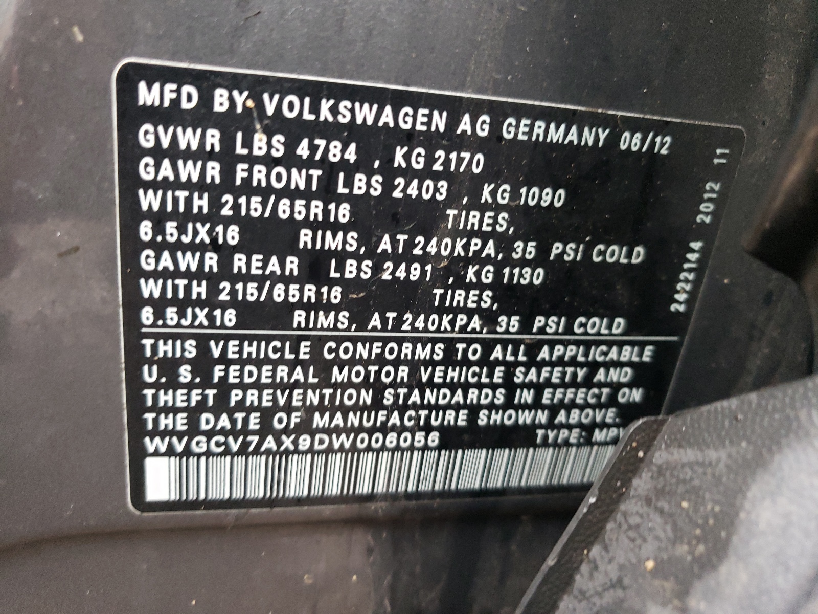 WVGCV7AX9DW006056 2013 Volkswagen Tiguan S