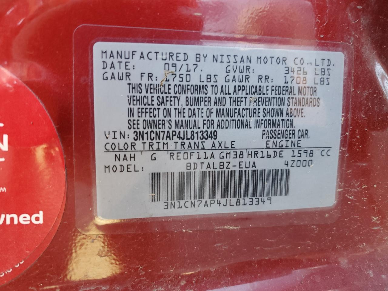 2018 Nissan Versa S VIN: 3N1CN7AP4JL813349 Lot: 61348904