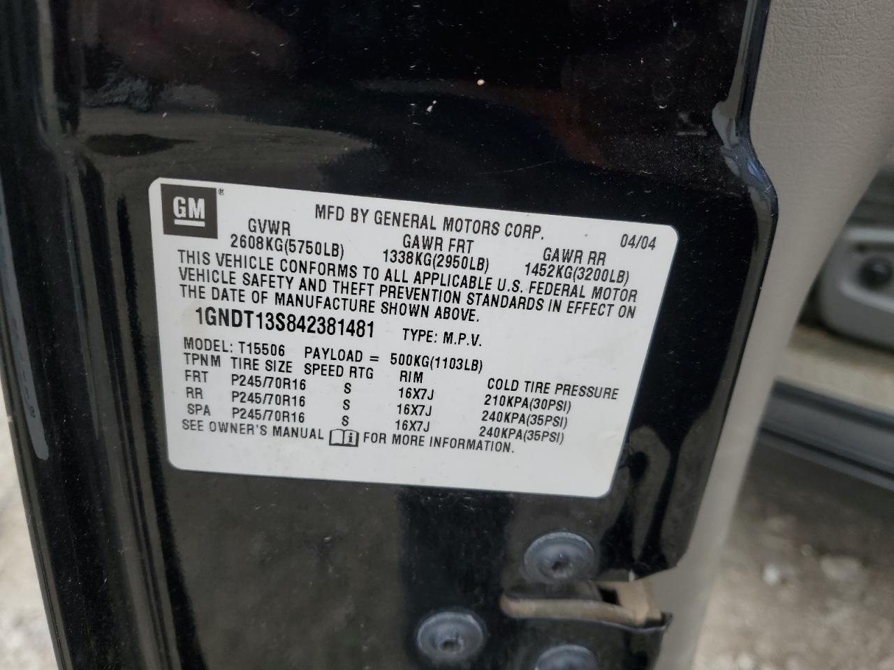 2004 Chevrolet Trailblazer Ls VIN: 1GNDT13S842381481 Lot: 63901834