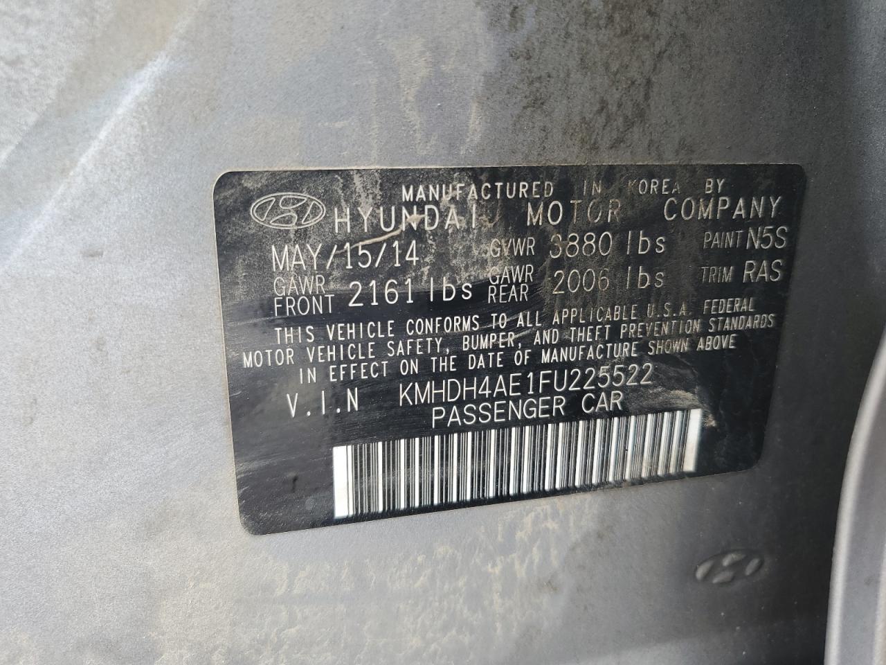 2015 Hyundai Elantra Se VIN: KMHDH4AE1FU225522 Lot: 61517254