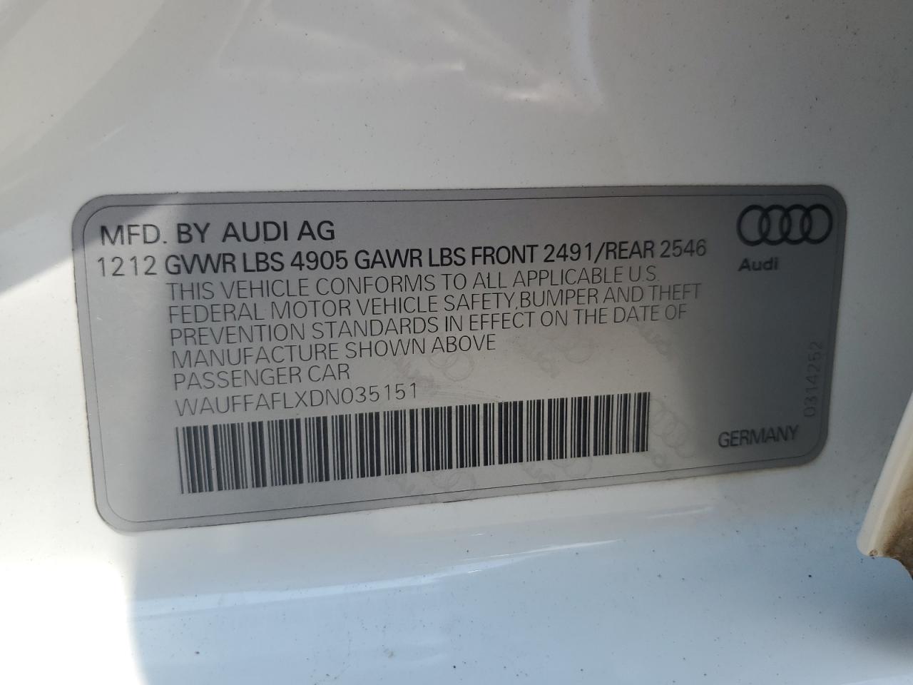 2013 Audi A4 Premium Plus VIN: WAUFFAFLXDN035151 Lot: 64086864