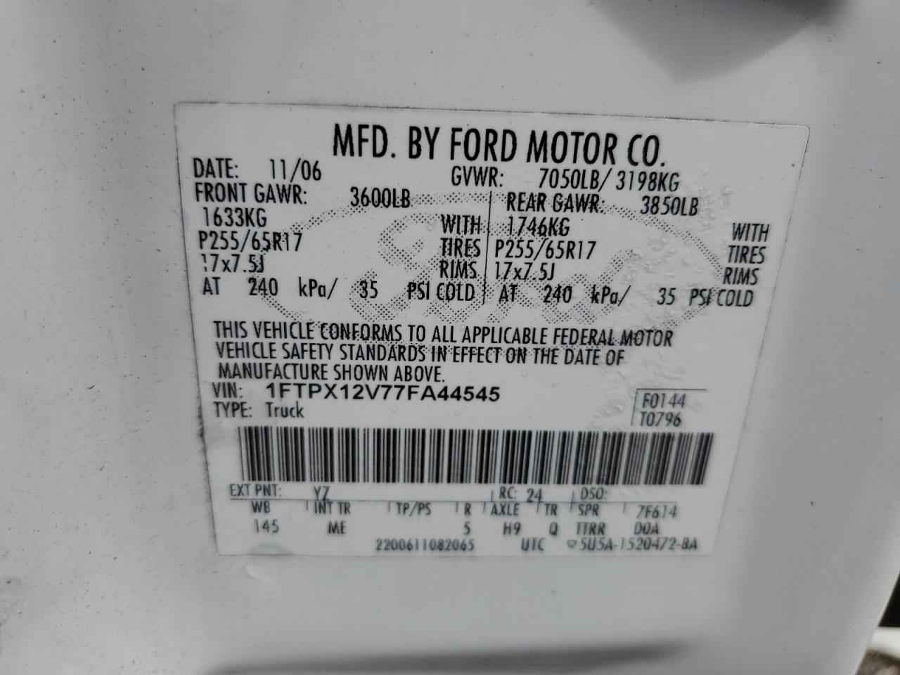 1FTPX12V77FA44545 2007 Ford F150