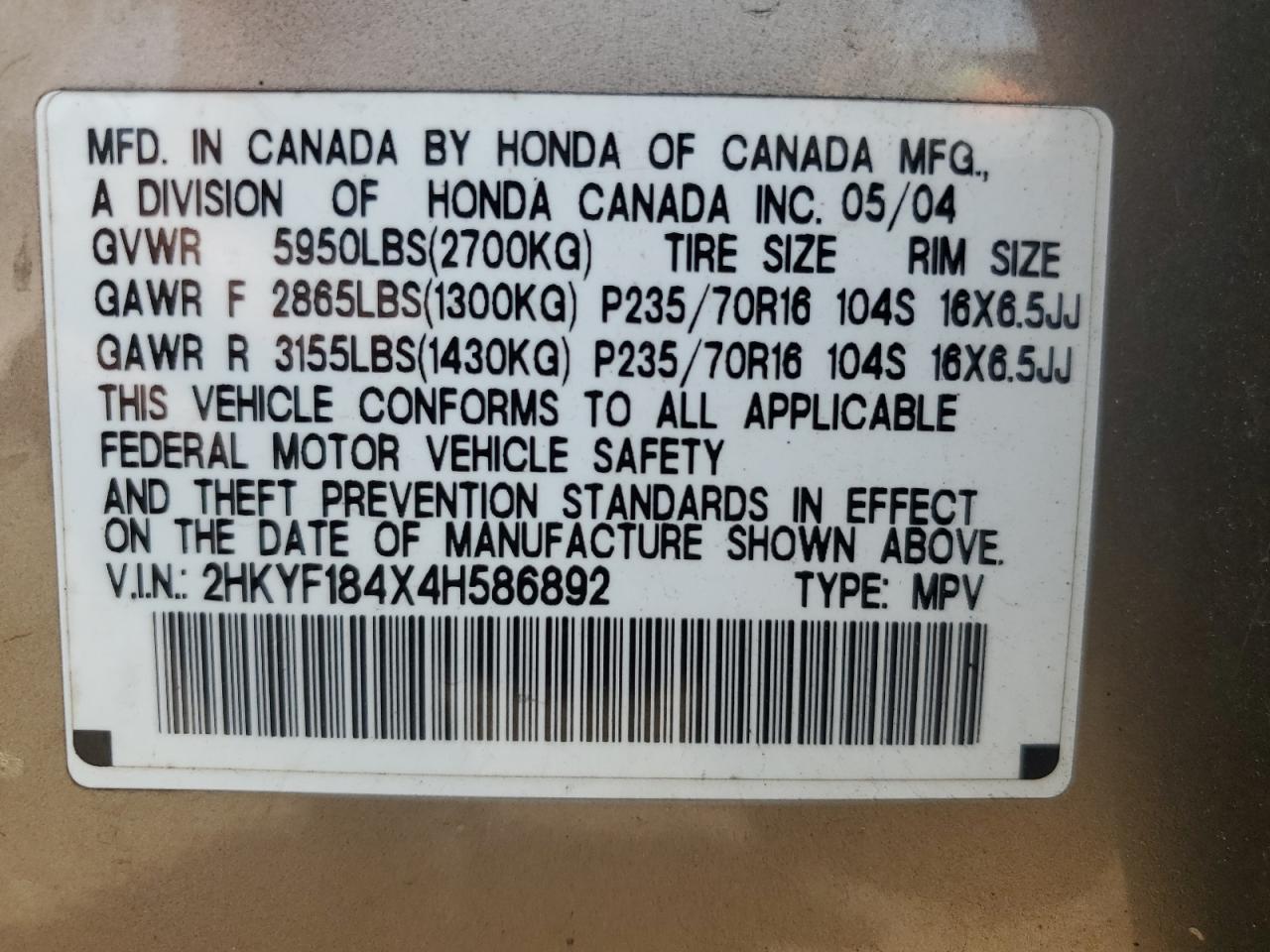 2004 Honda Pilot Ex VIN: 2HKYF184X4H586892 Lot: 64046234