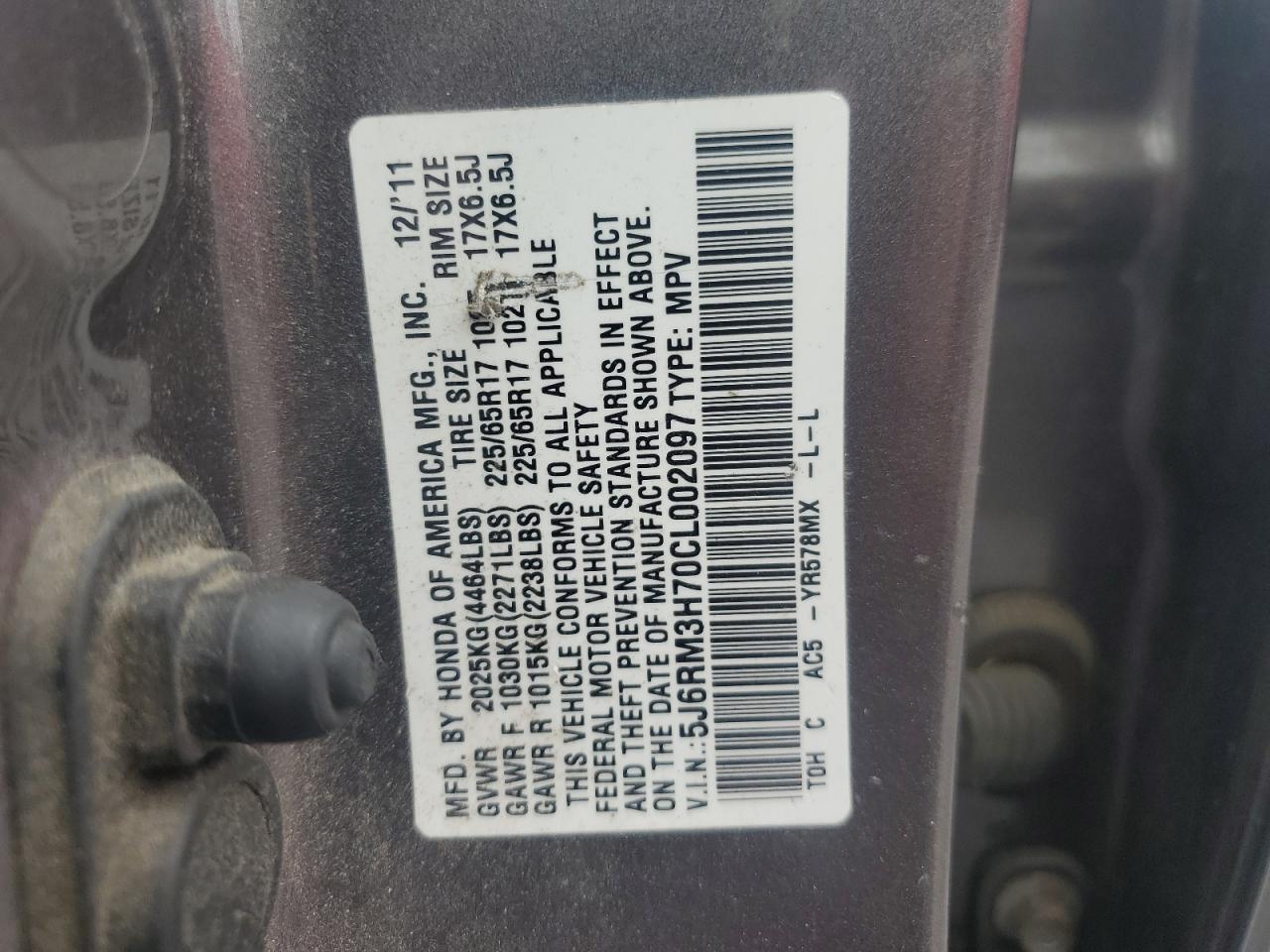 2012 Honda Cr-V Exl VIN: 5J6RM3H70CL002097 Lot: 65220384