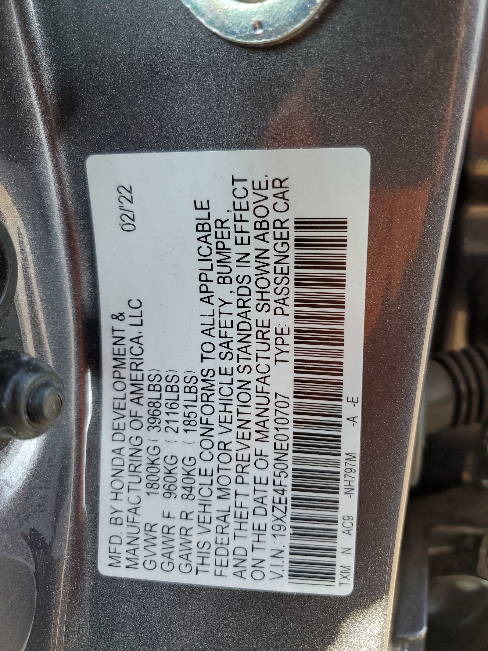 19XZE4F50NE010707 2022 Honda Insight Ex