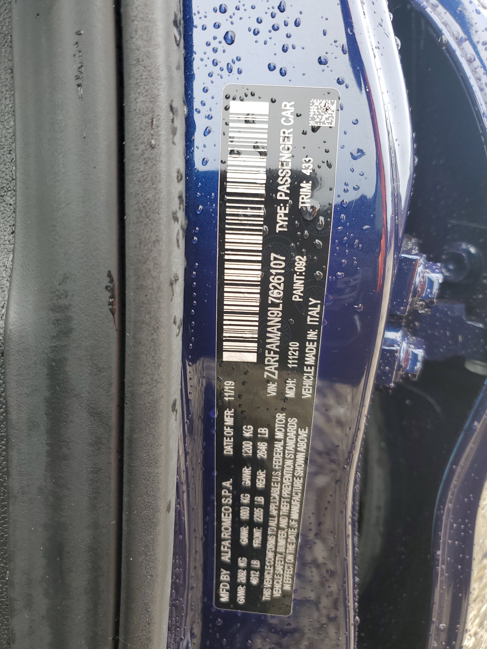 ZARFAMAN9L7626107 2020 Alfa Romeo Giulia