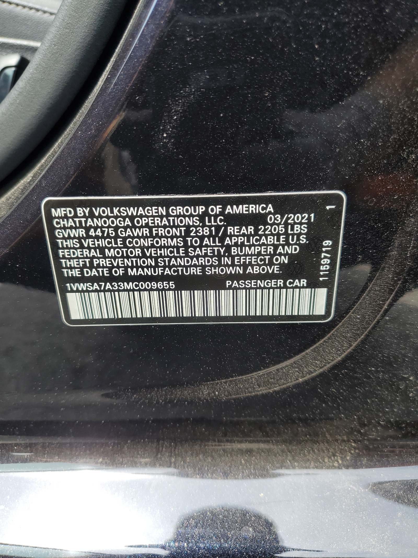 1VWSA7A33MC009655 2021 Volkswagen Passat Se