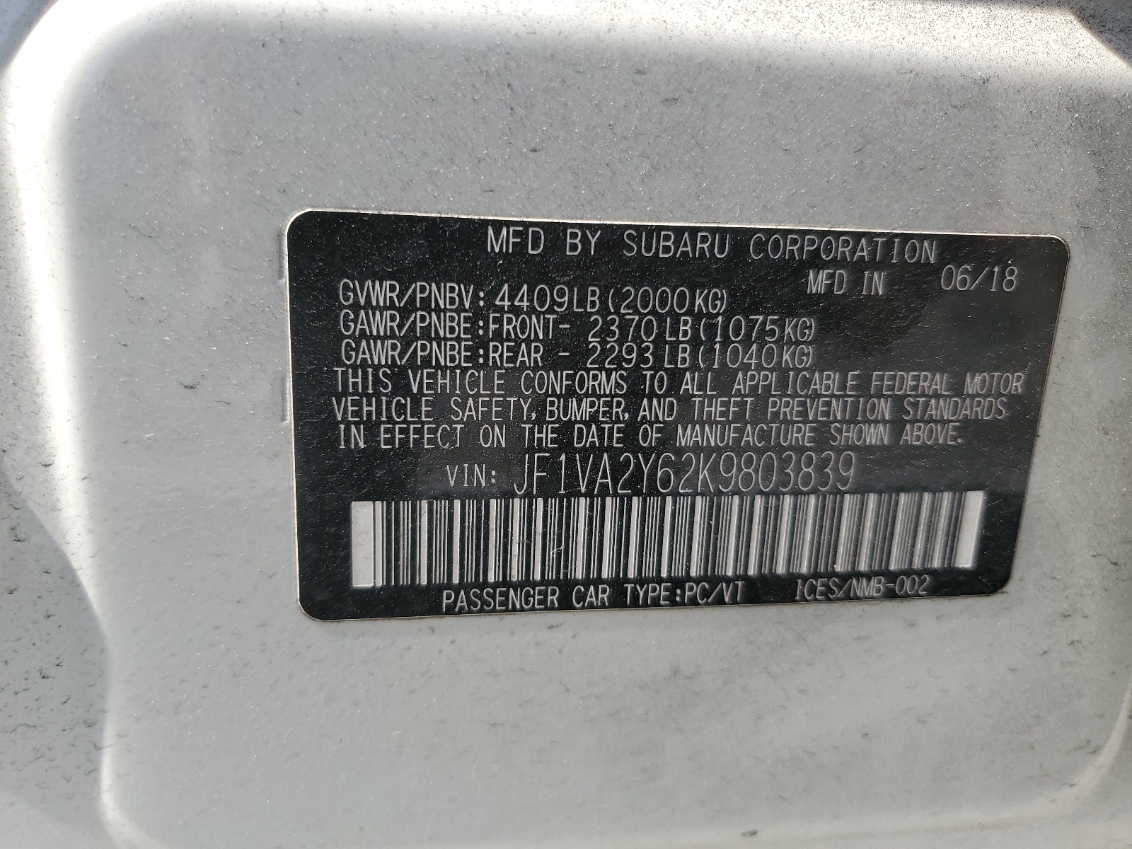 JF1VA2Y62K9803839 2019 Subaru Wrx Sti Limited