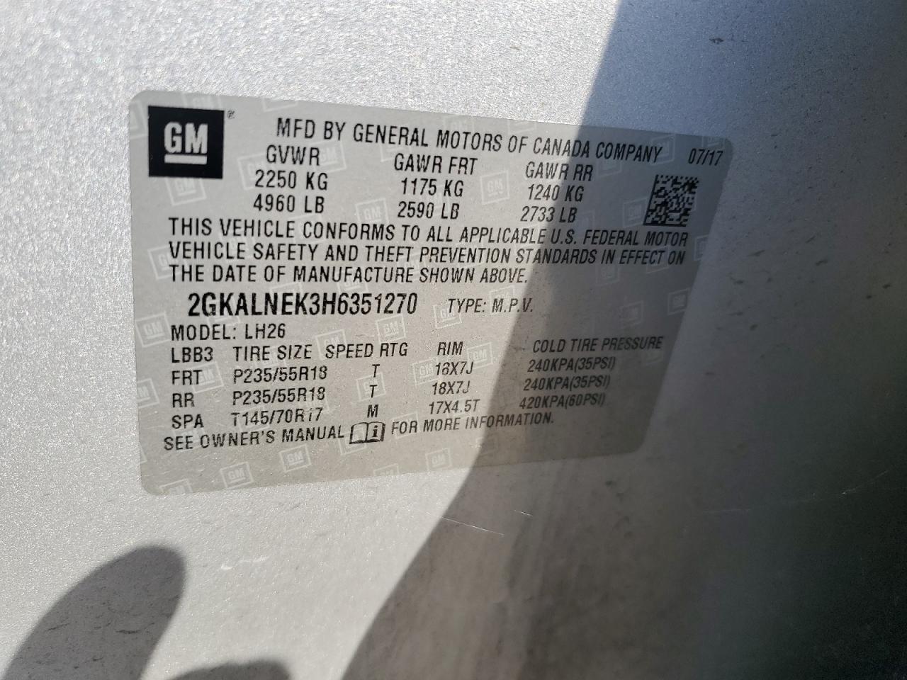 2017 GMC Terrain Sle VIN: 2GKALNEK3H6351270 Lot: 61507074