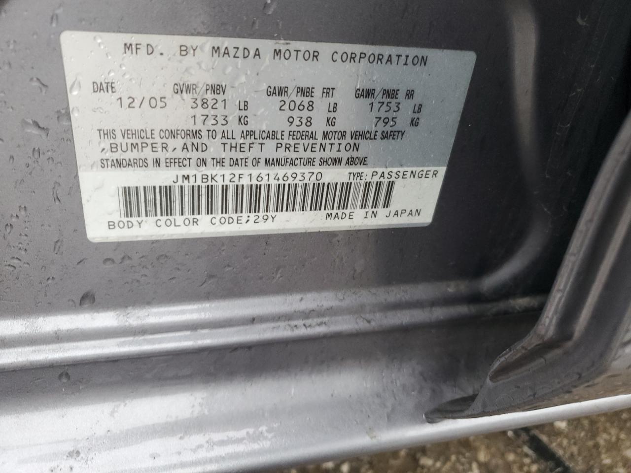 2006 Mazda 3 I VIN: JM1BK12F161469370 Lot: 63187164