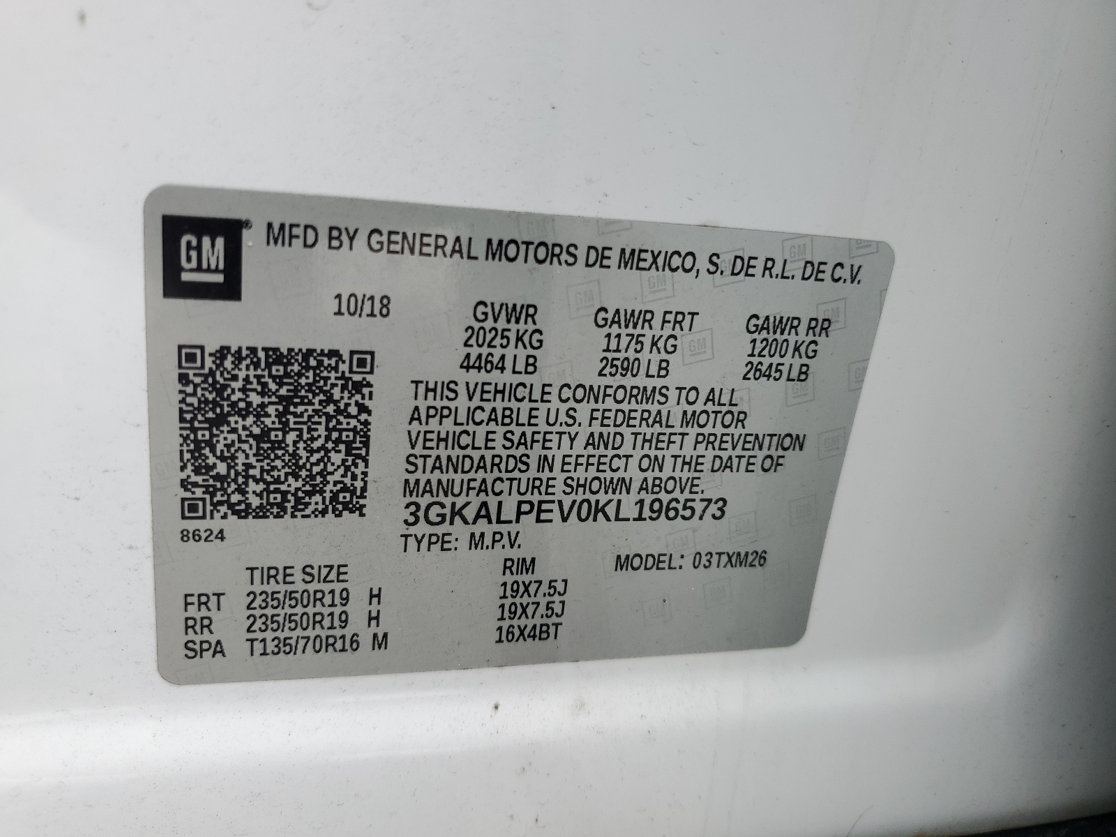 3GKALPEV0KL196573 2019 GMC Terrain Slt