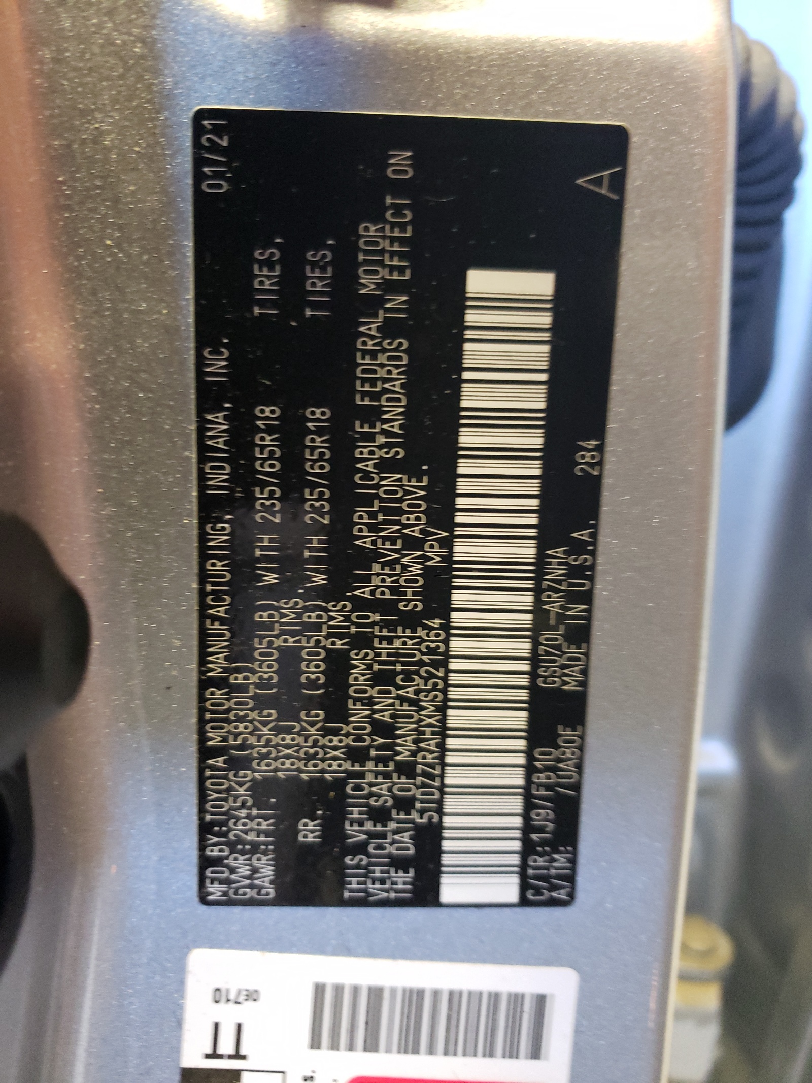 5TDZZRAHXMS521364 2021 Toyota Highlander L