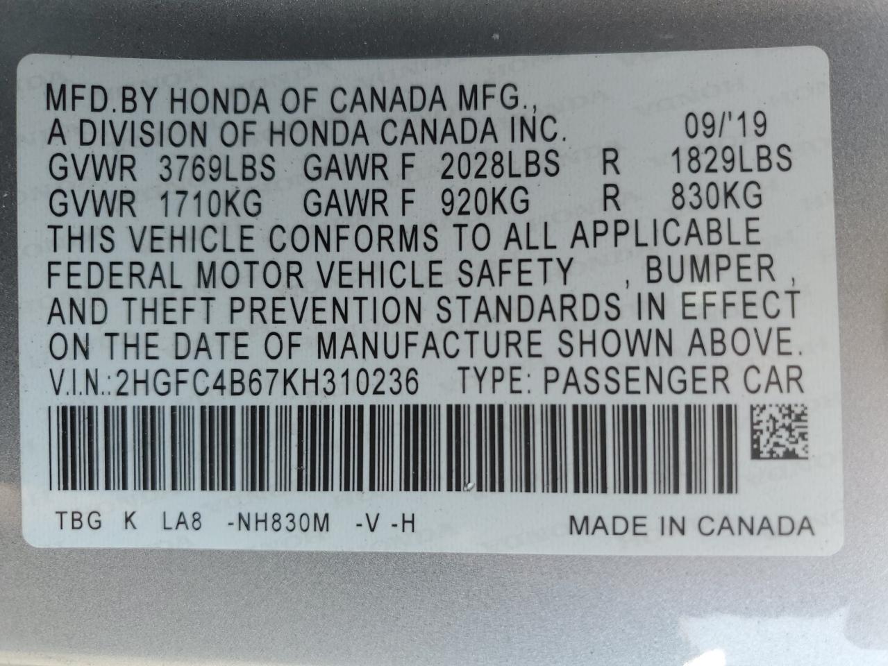 2HGFC4B67KH310236 2019 Honda Civic Lx