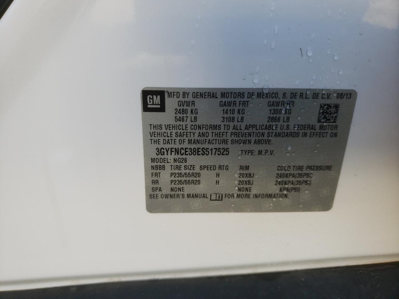 2014 Cadillac Srx Performance Collection VIN: 3GYFNCE38ES517525 Lot: 63757864