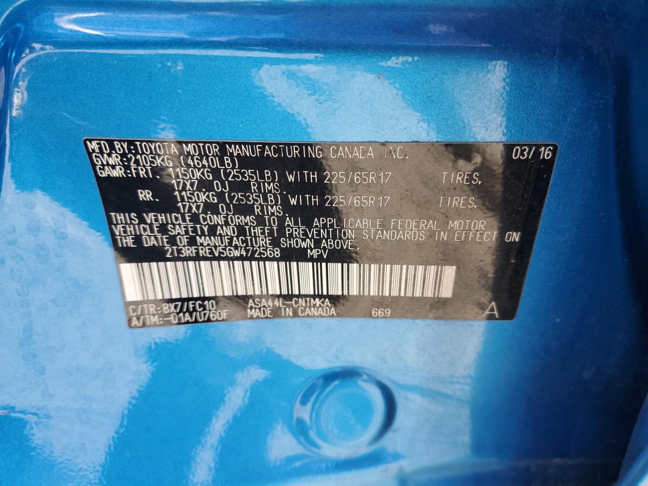 2016 Toyota Rav4 Xle VIN: 2T3RFREV5GW472568 Lot: 62733214