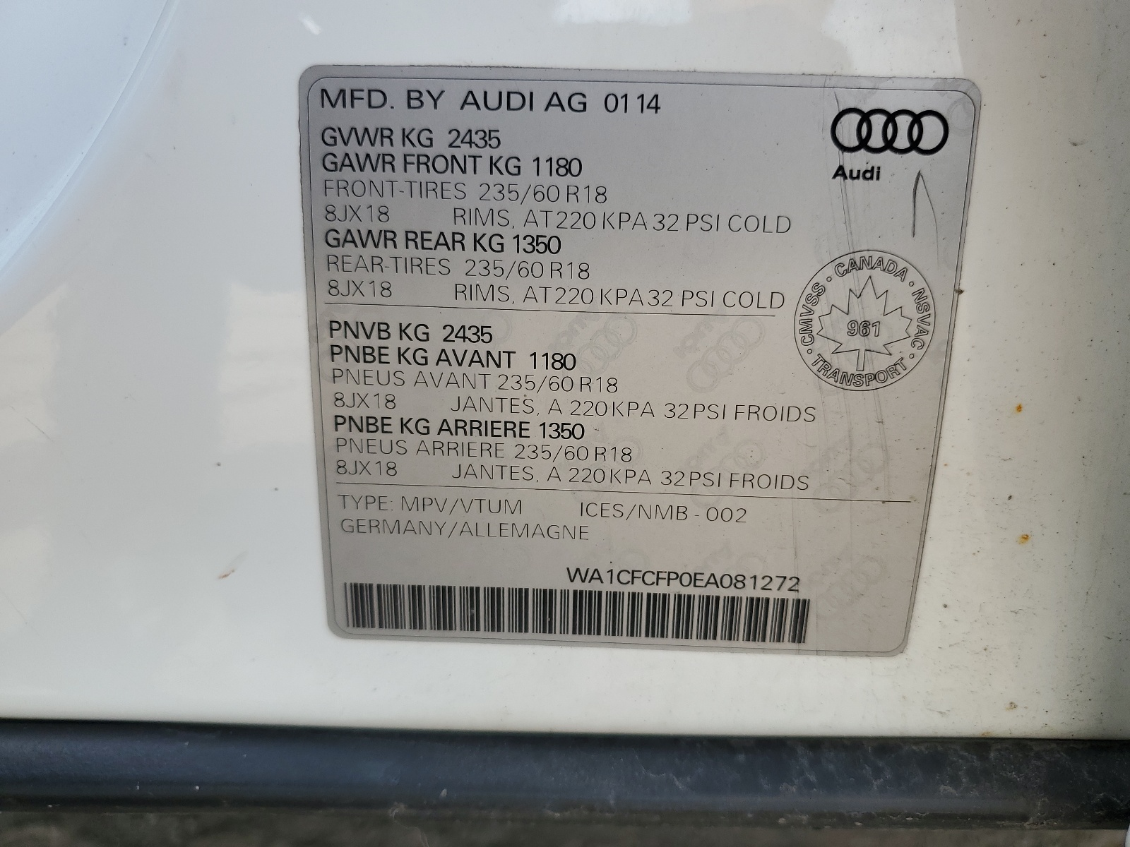 WA1CFCFP0EA081272 2014 Audi Q5 Premium
