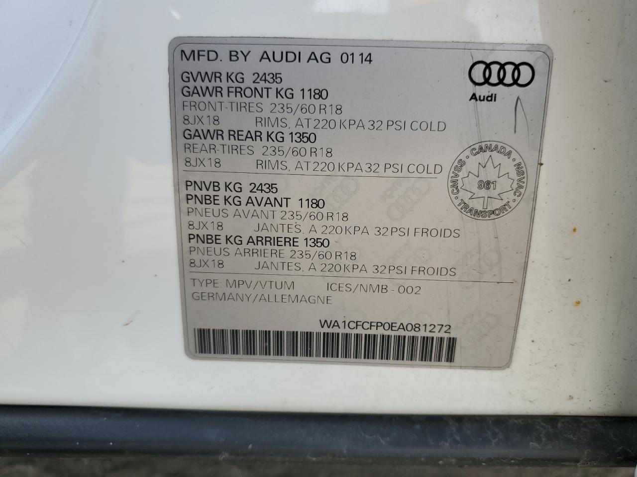 2014 Audi Q5 Premium VIN: WA1CFCFP0EA081272 Lot: 60823954