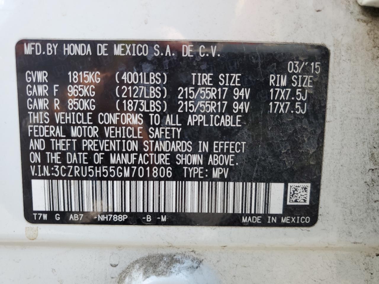 2016 Honda Hr-V Ex VIN: 3CZRU5H55GM701806 Lot: 62425914