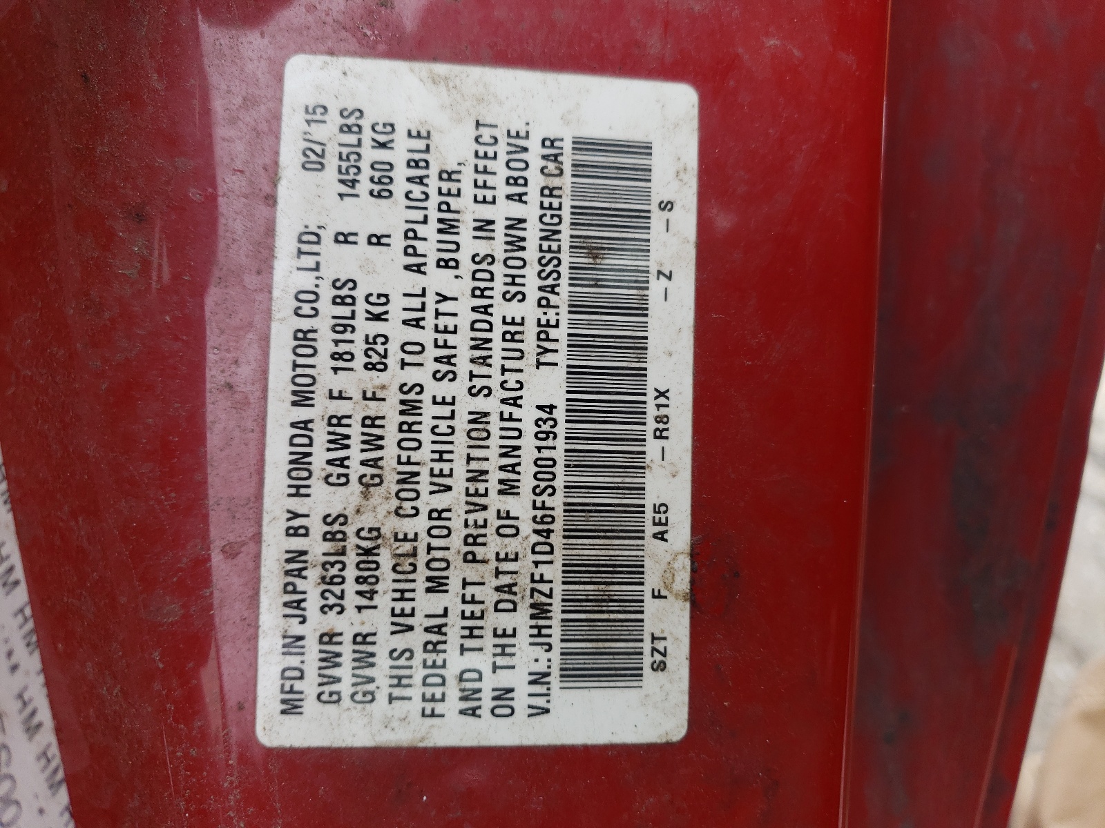 JHMZF1D46FS001934 2015 Honda Cr-Z