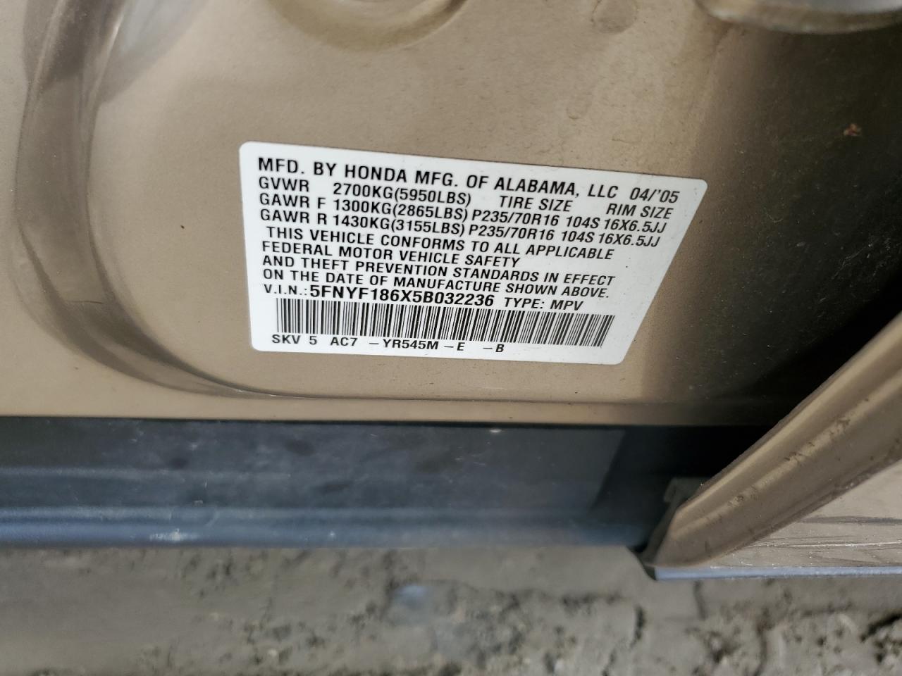 2005 Honda Pilot Exl VIN: 5FNYF186X5B032236 Lot: 63846444