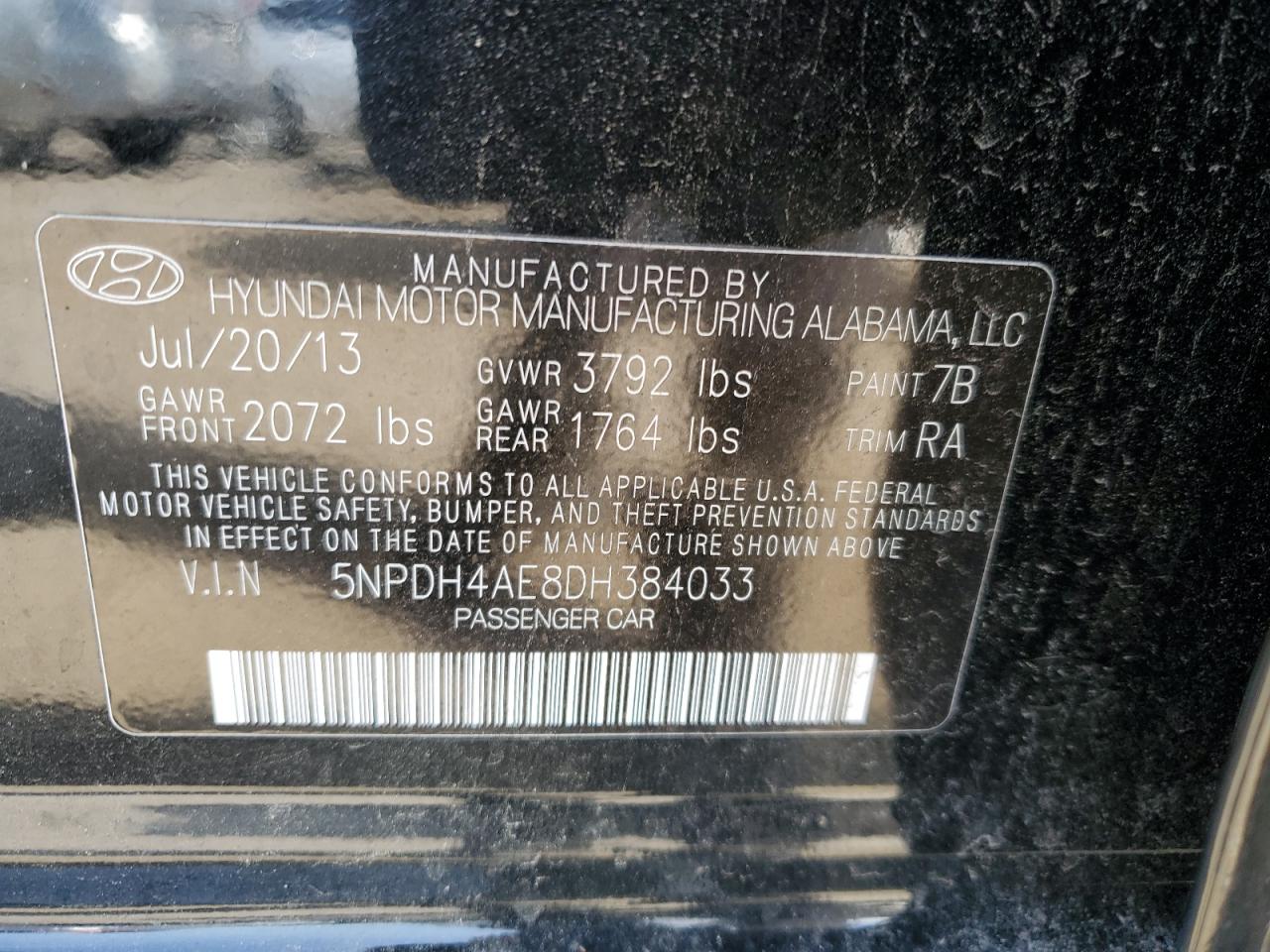 2013 Hyundai Elantra Gls VIN: 5NPDH4AE8DH384033 Lot: 60898144