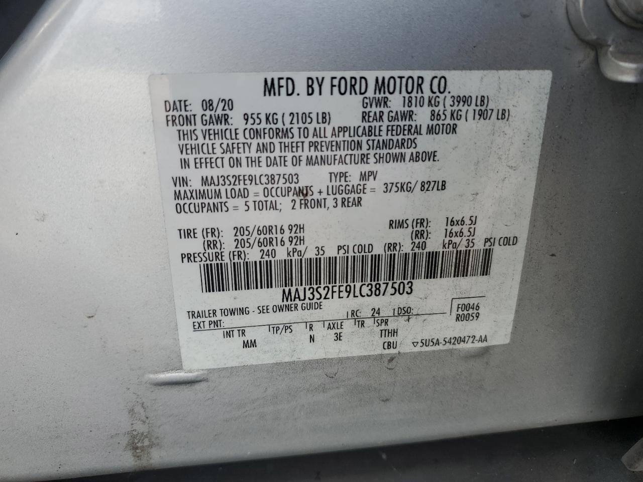 2020 Ford Ecosport S VIN: MAJ3S2FE9LC387503 Lot: 62588844