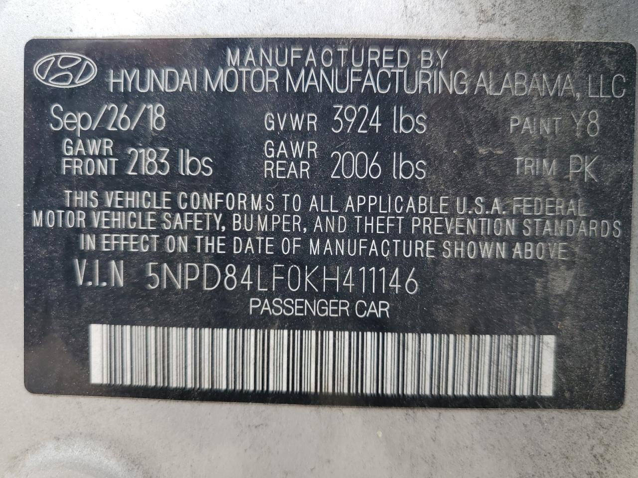 5NPD84LF0KH411146 2019 Hyundai Elantra Sel