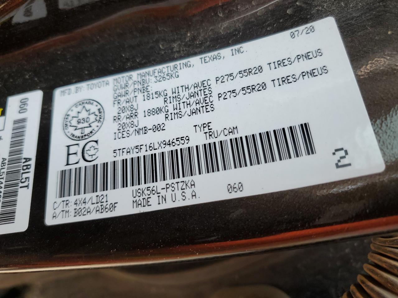 2020 Toyota Tundra Crewmax 1794 VIN: 5TFAY5F16LX946559 Lot: 64255274