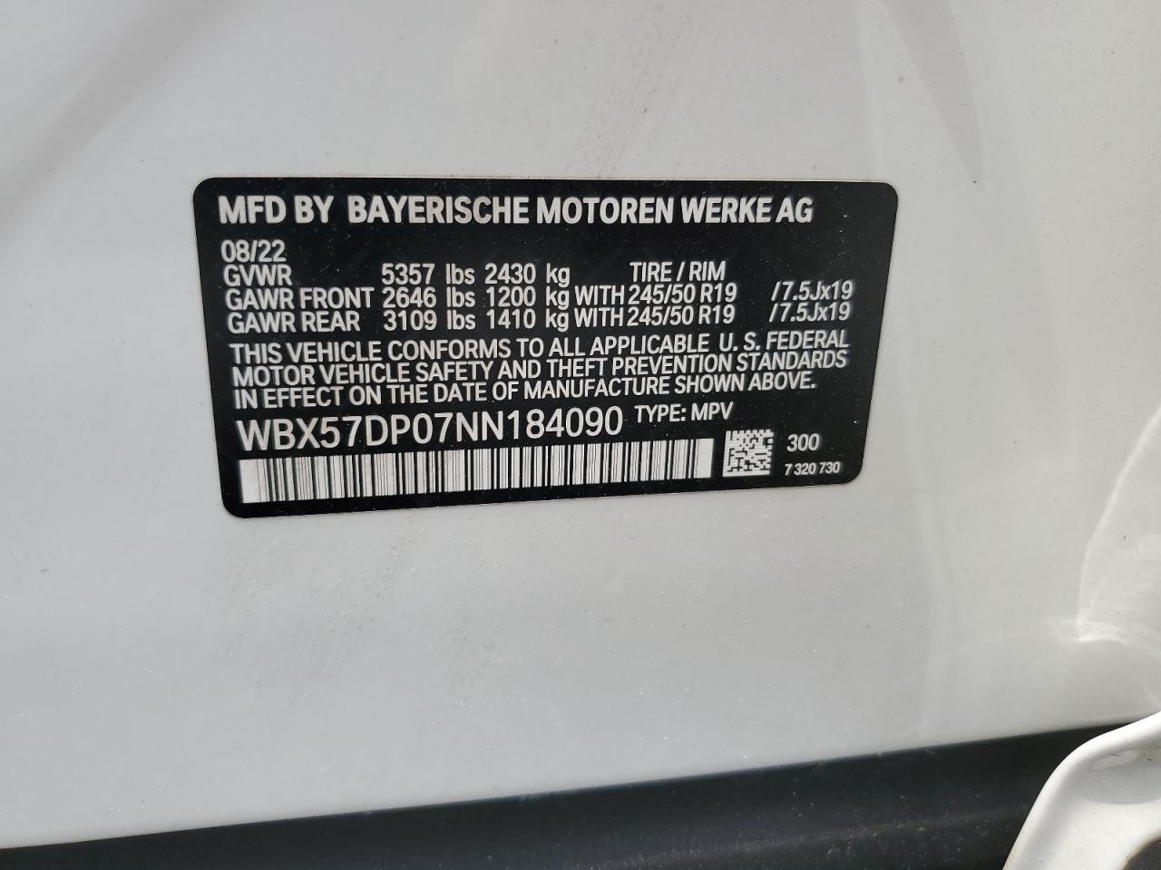 2022 BMW X3 xDrive30I VIN: WBX57DP07NN184090 Lot: 63232584