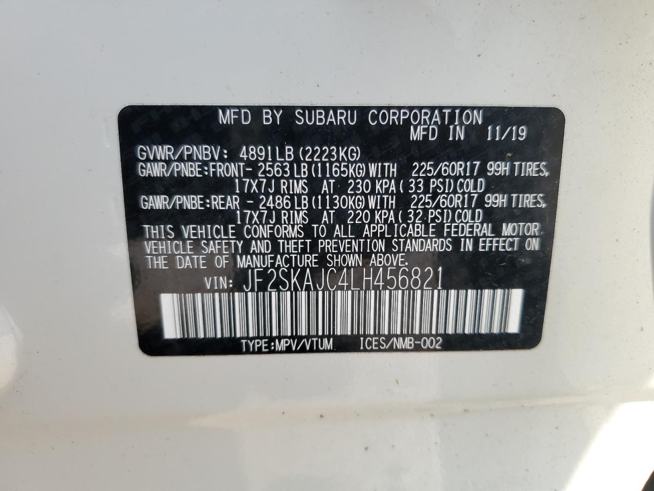 2020 Subaru Forester Premium VIN: JF2SKAJC4LH456821 Lot: 64319584