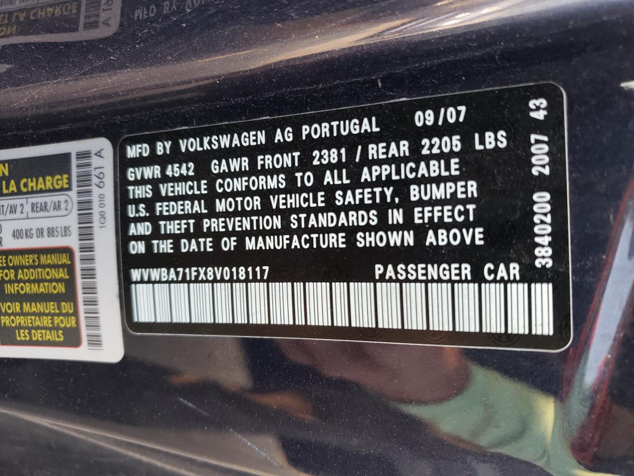 2008 Volkswagen Eos Turbo VIN: WVWBA71FX8V018117 Lot: 64083564