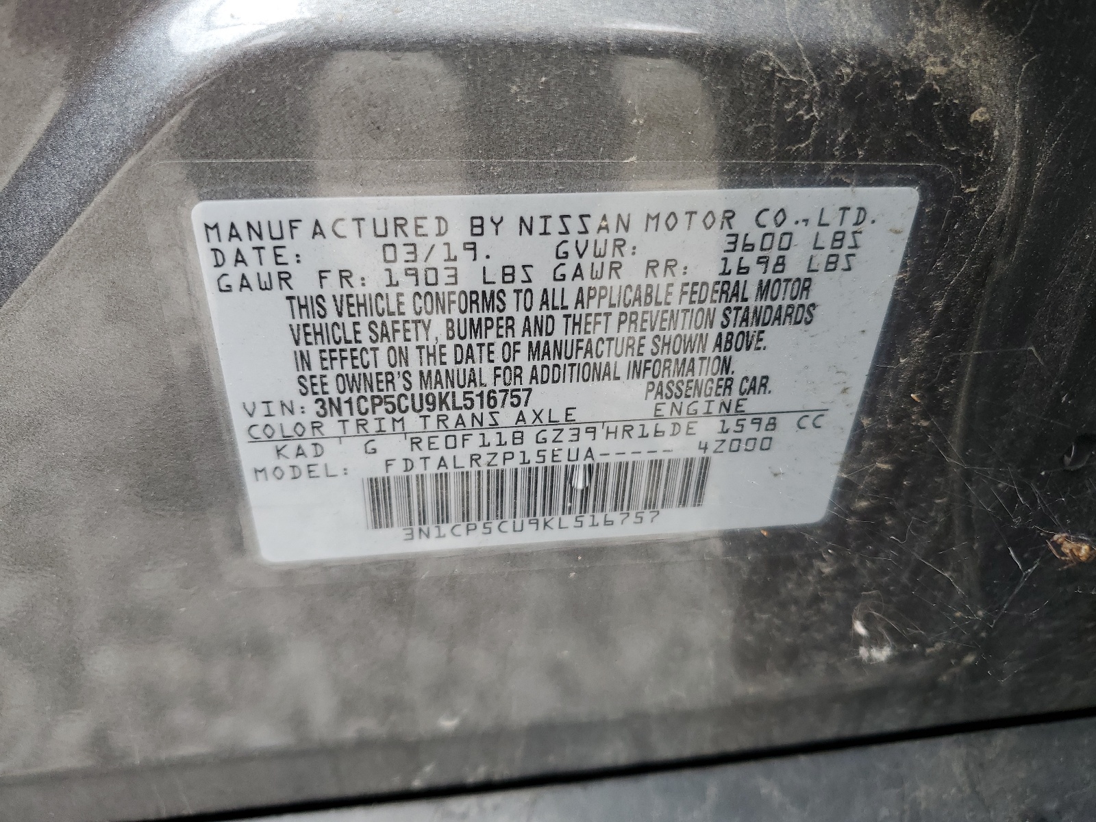 3N1CP5CU9KL516757 2019 Nissan Kicks S