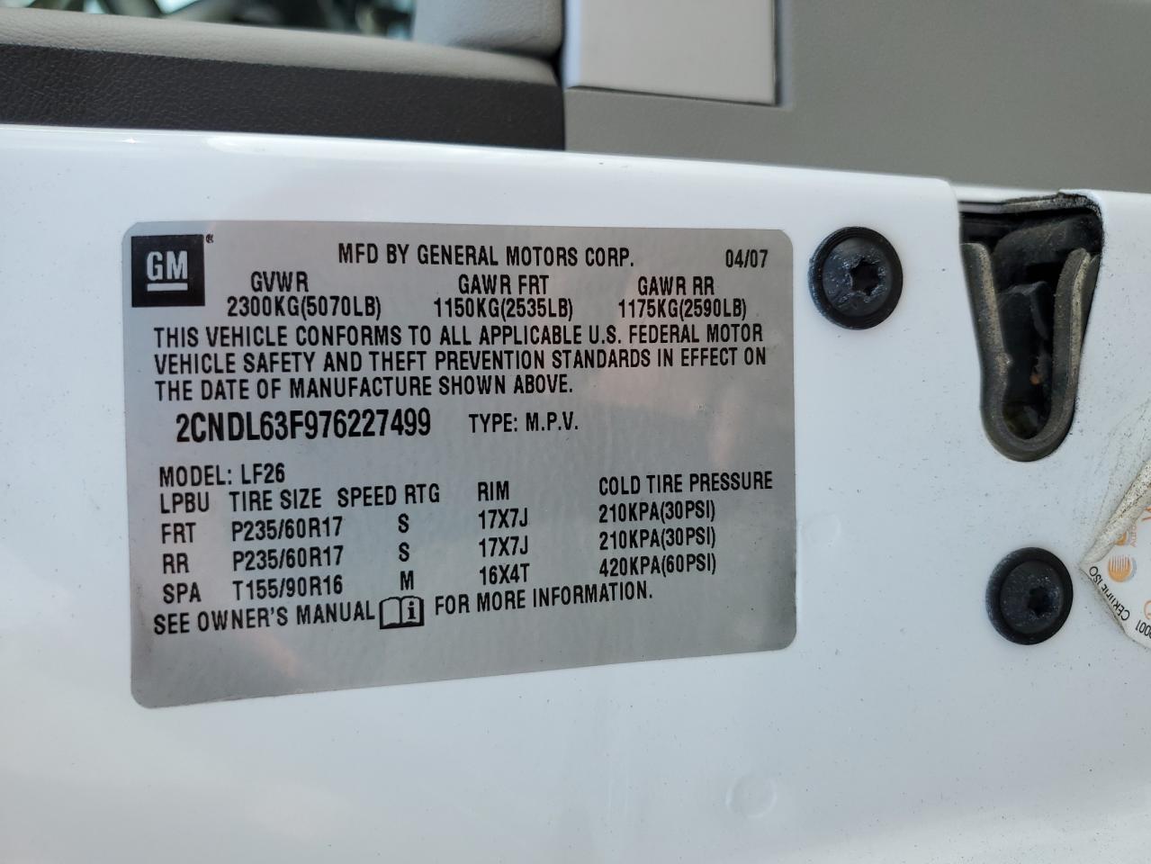 2CNDL63F976227499 2007 Chevrolet Equinox Lt