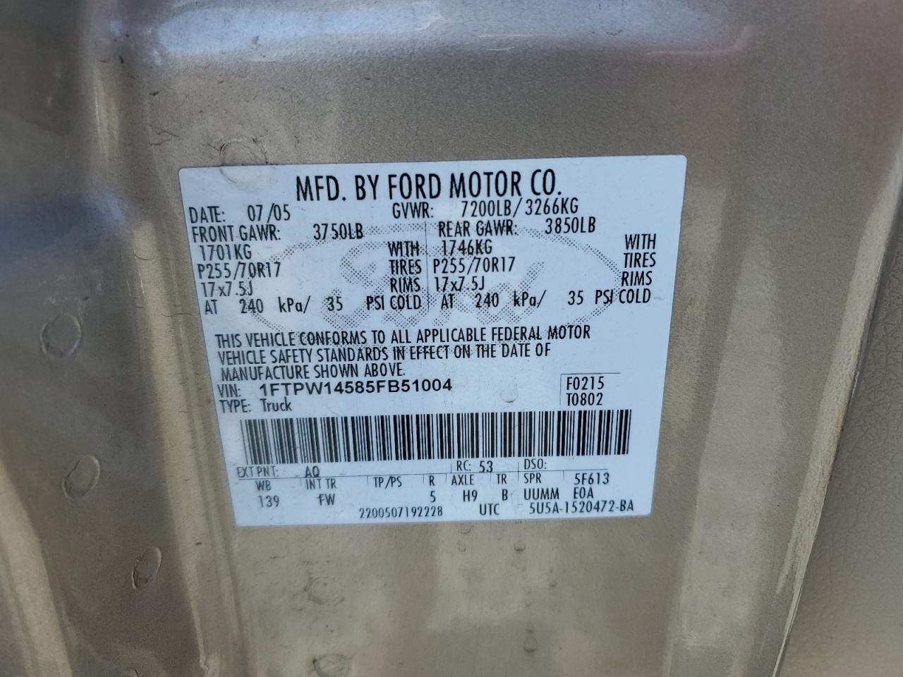 2005 Ford F150 Supercrew VIN: 1FTPW14585FB51004 Lot: 62485984