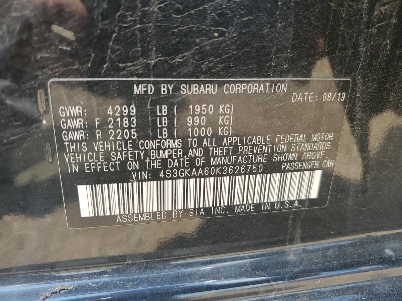 2019 Subaru Impreza VIN: 4S3GKAA60K3626750 Lot: 63352714