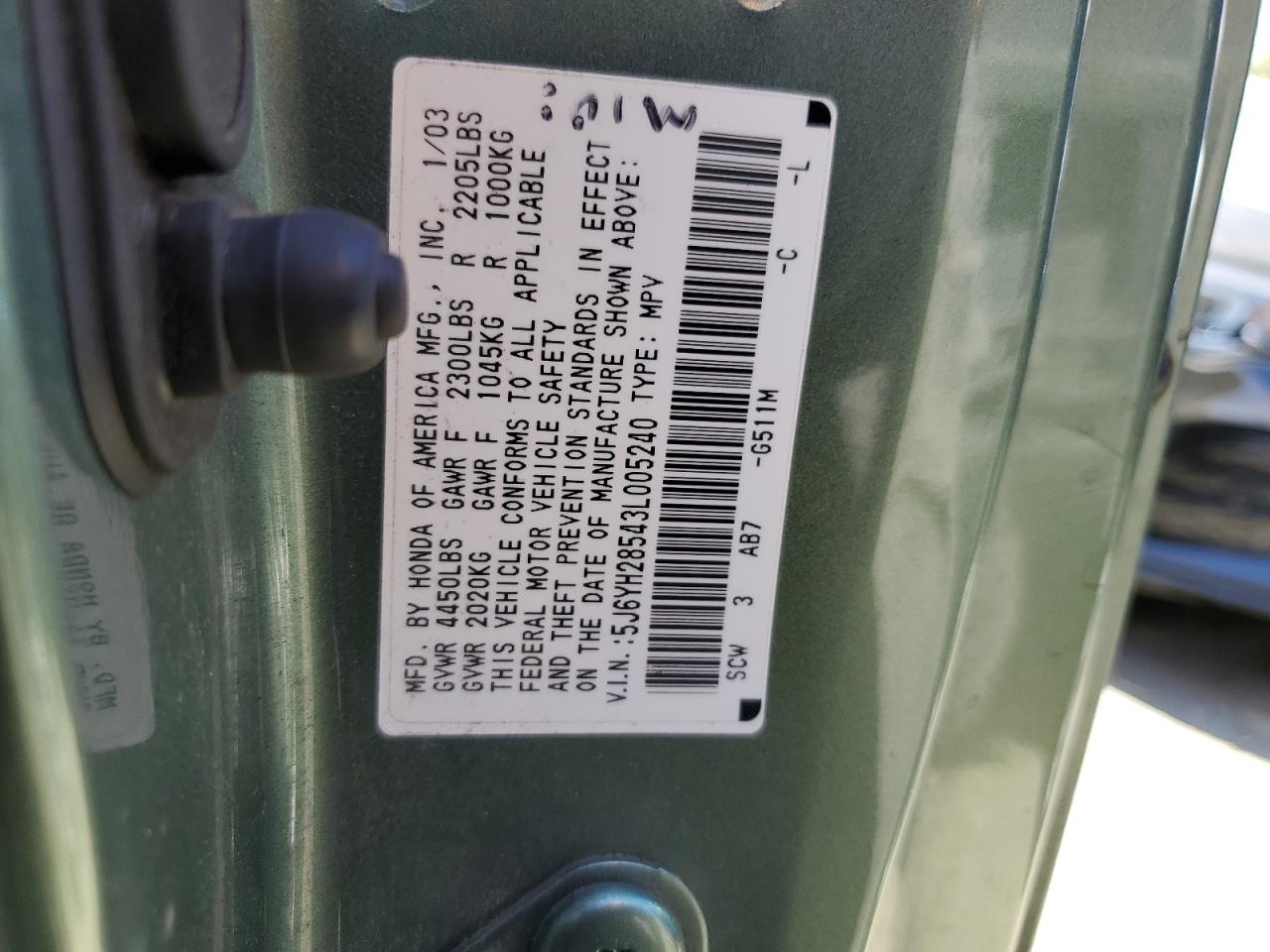 2003 Honda Element Ex VIN: 5J6YH28543L005240 Lot: 64505724