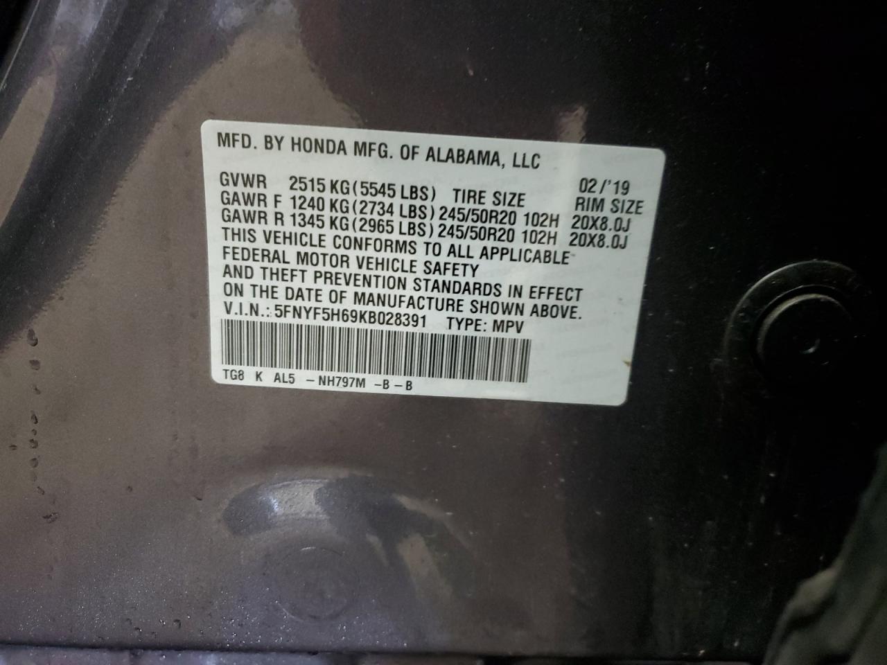 2019 Honda Pilot Touring VIN: 5FNYF5H69KB028391 Lot: 63988774