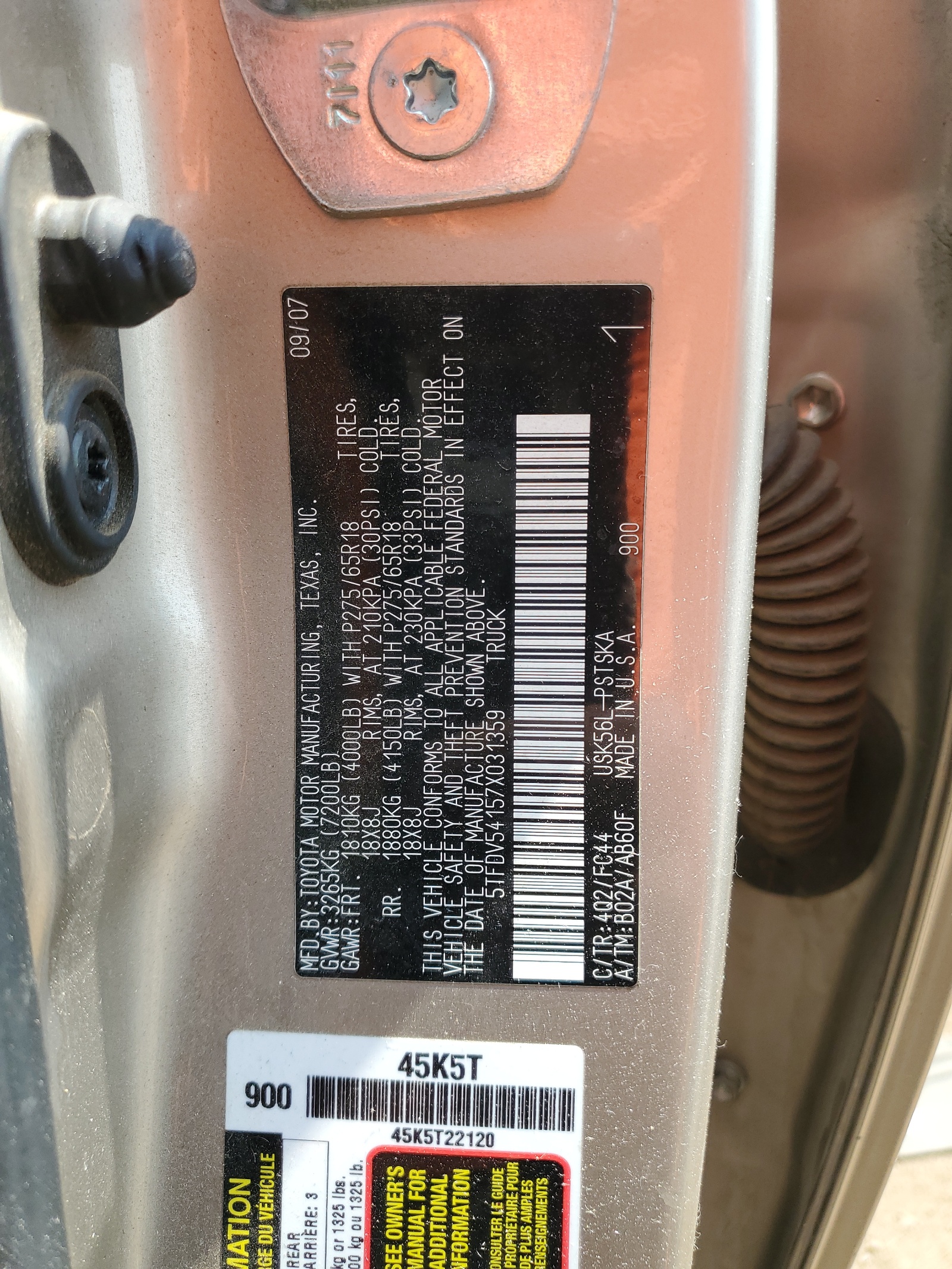 5TFDV54157X031359 2007 Toyota Tundra Crewmax Sr5