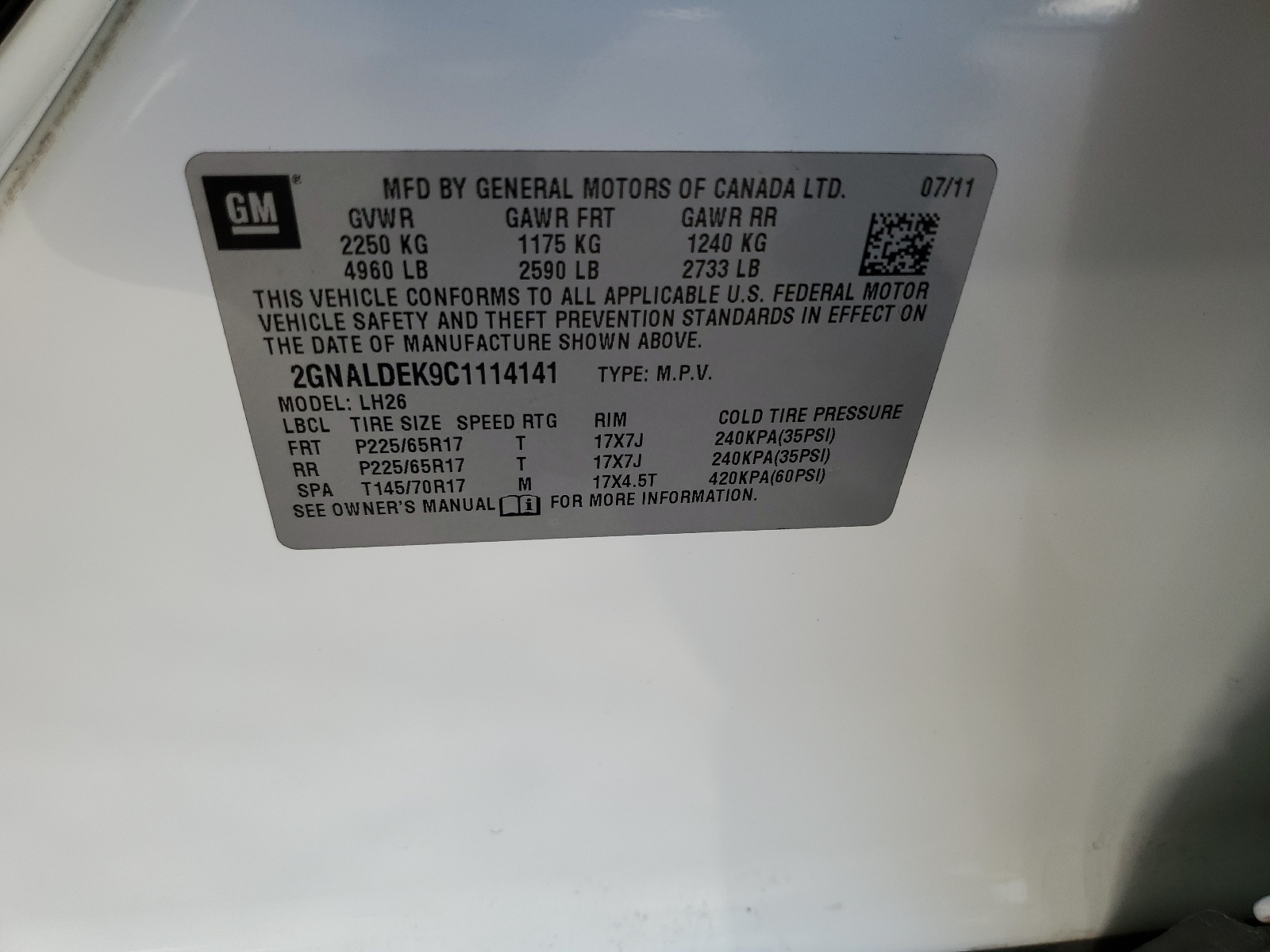 2GNALDEK9C1114141 2012 Chevrolet Equinox Lt