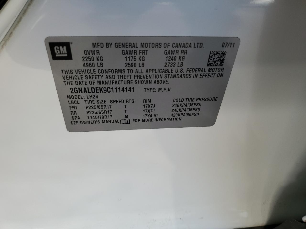 2012 Chevrolet Equinox Lt VIN: 2GNALDEK9C1114141 Lot: 61822894