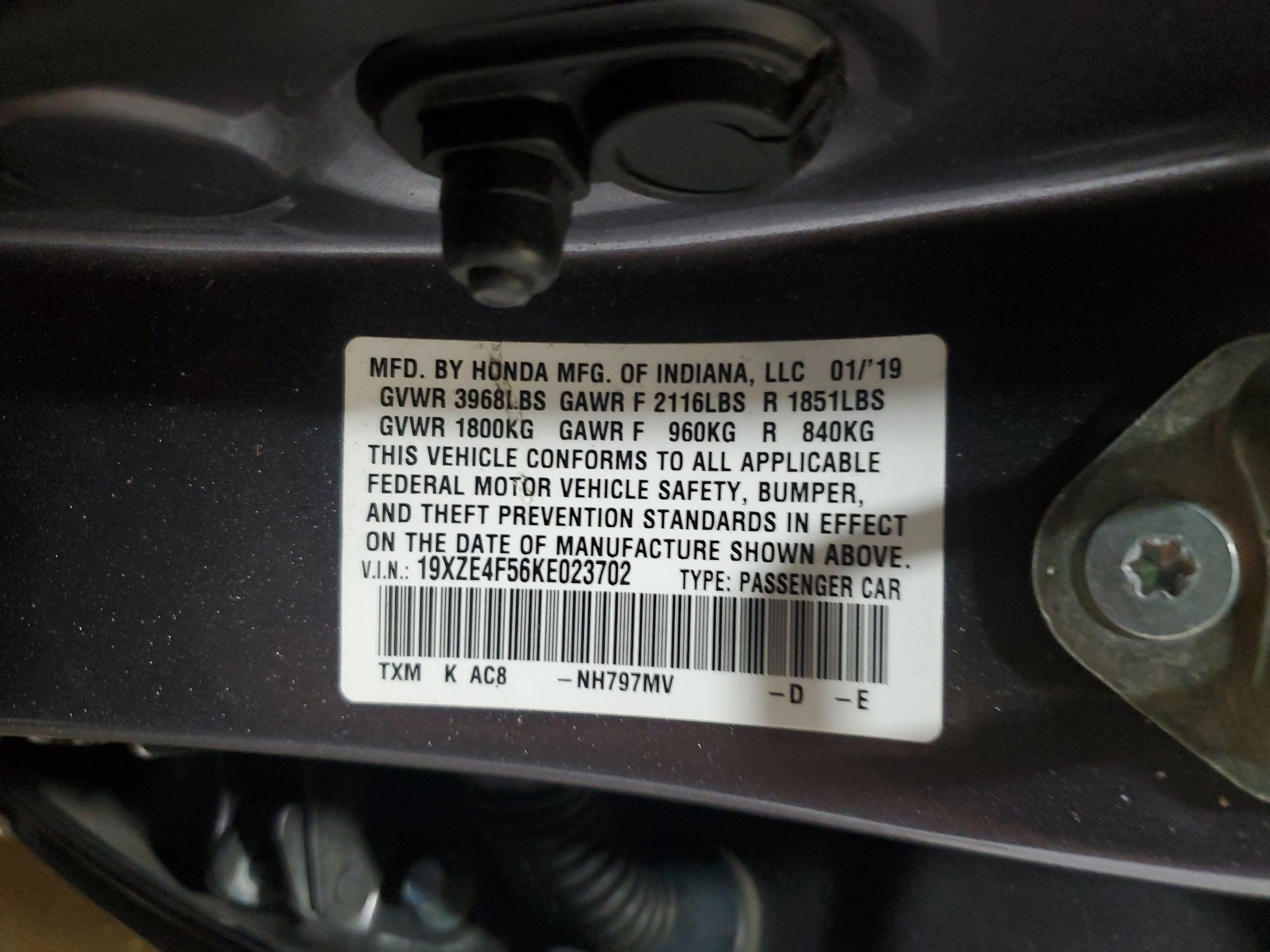 19XZE4F56KE023702 2019 Honda Insight Ex