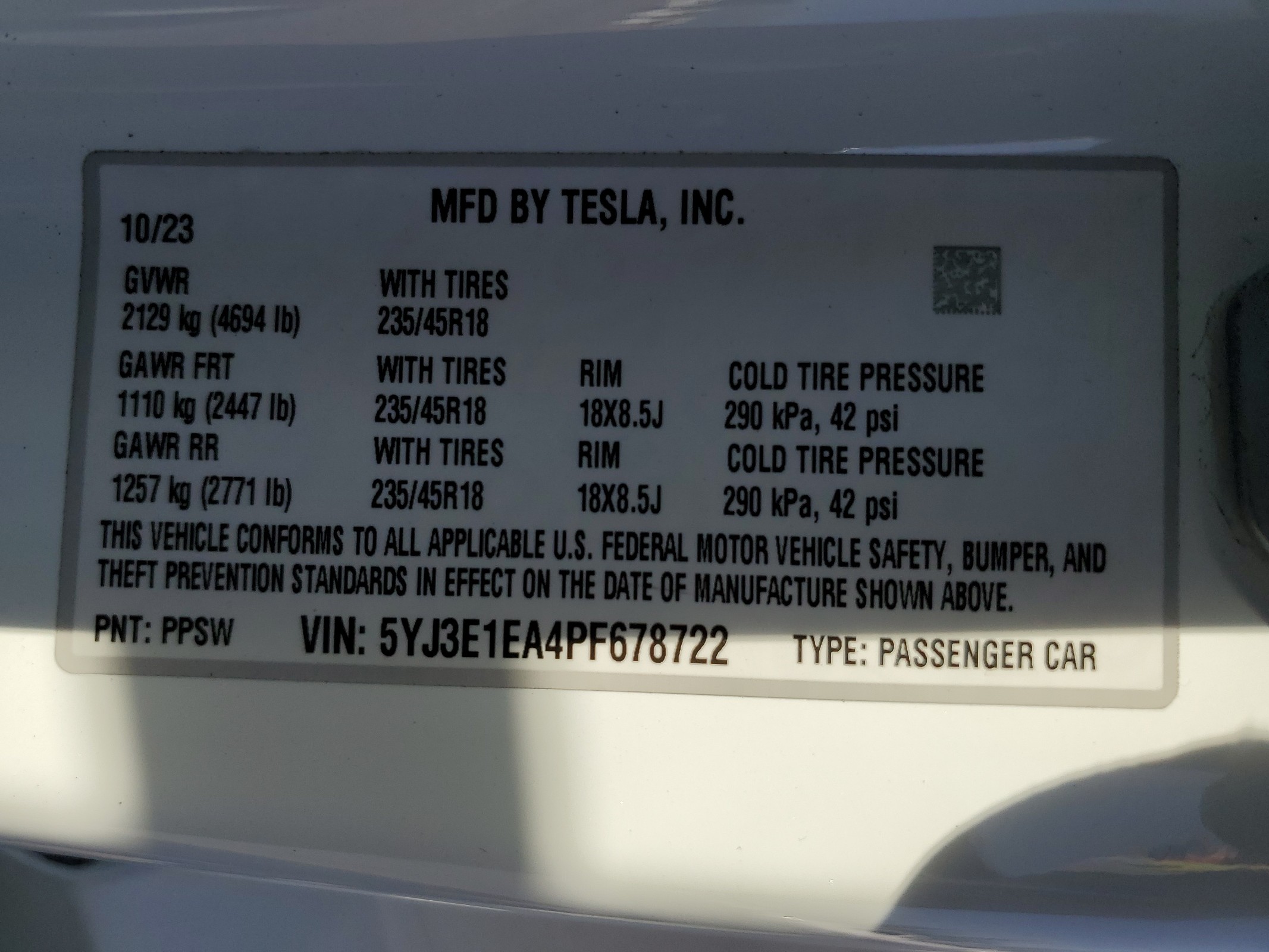 5YJ3E1EA4PF678722 2023 Tesla Model 3