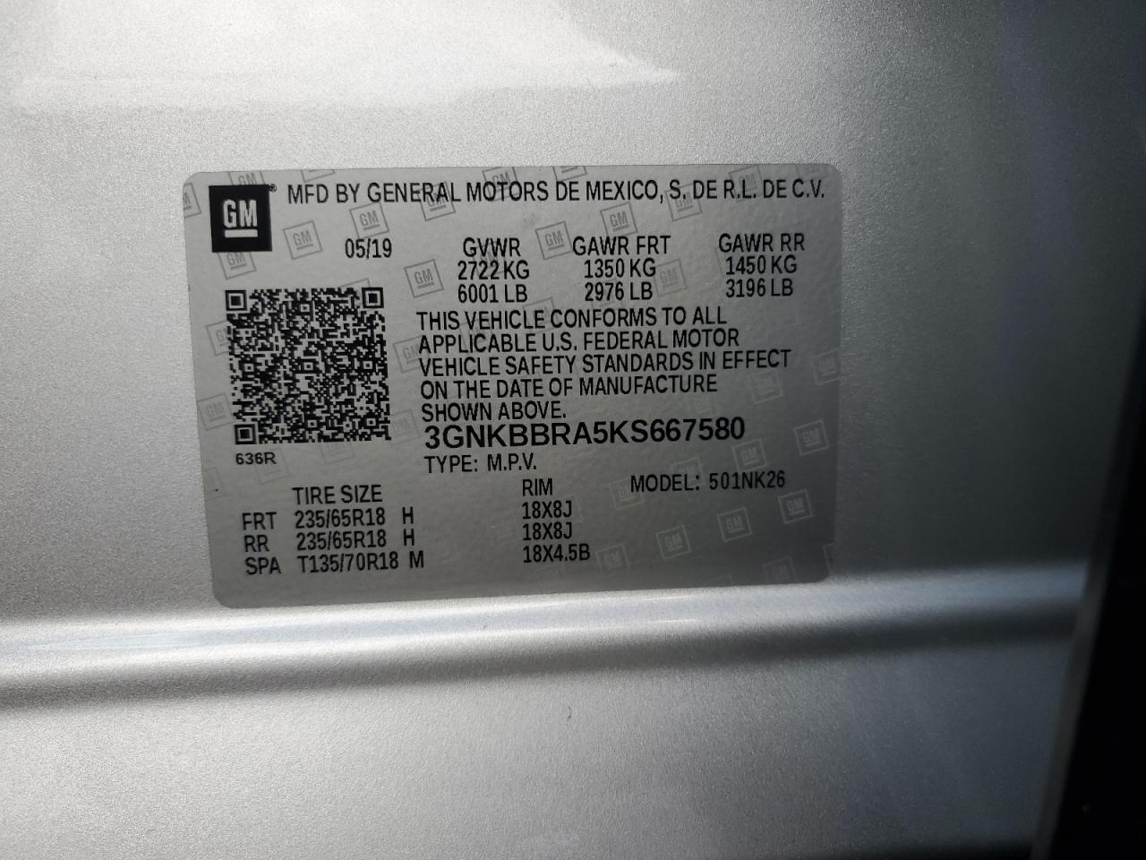 2019 Chevrolet Blazer 1Lt VIN: 3GNKBBRA5KS667580 Lot: 64419254