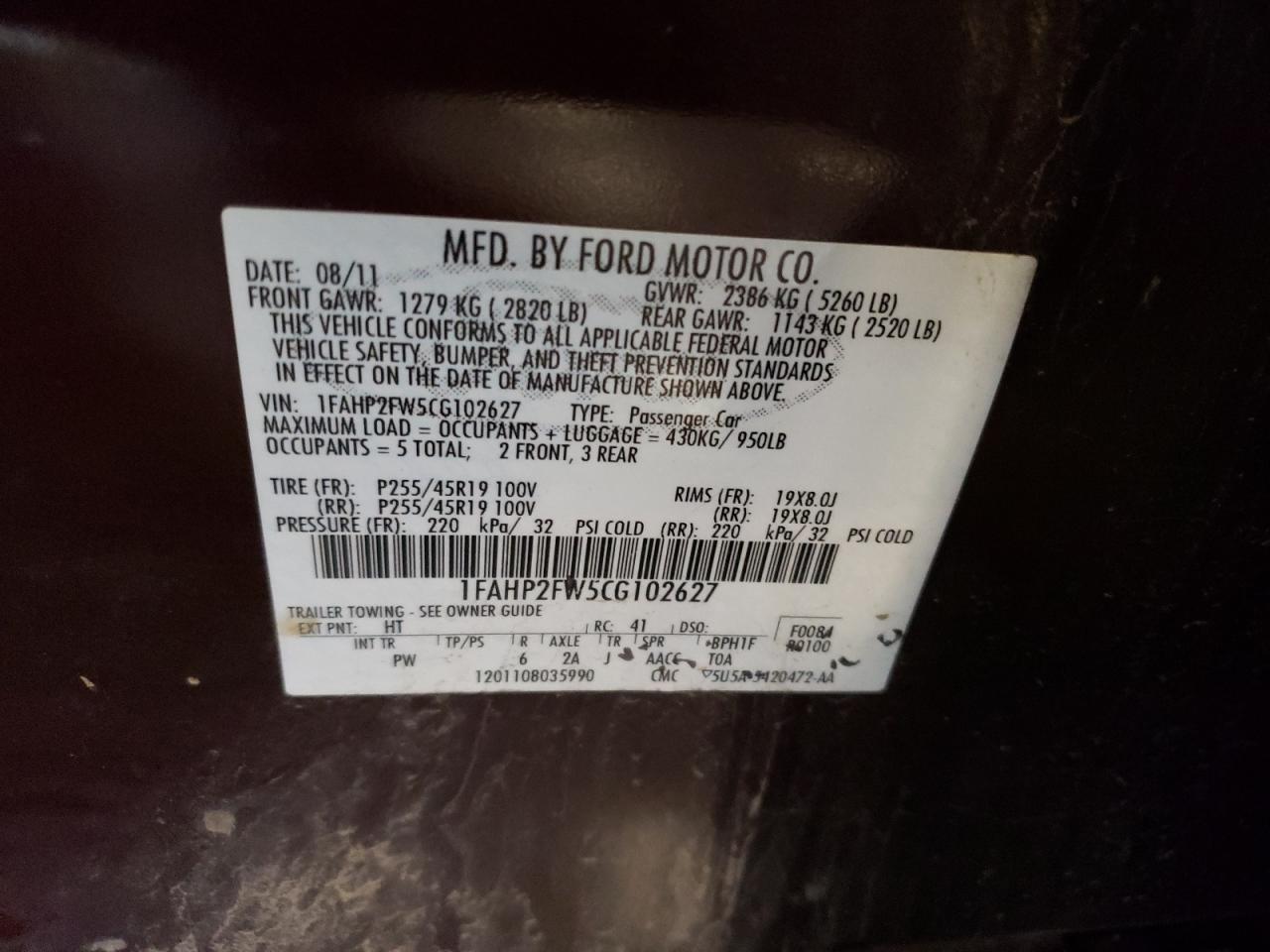 2012 Ford Taurus Limited VIN: 1FAHP2FW5CG102627 Lot: 62257524