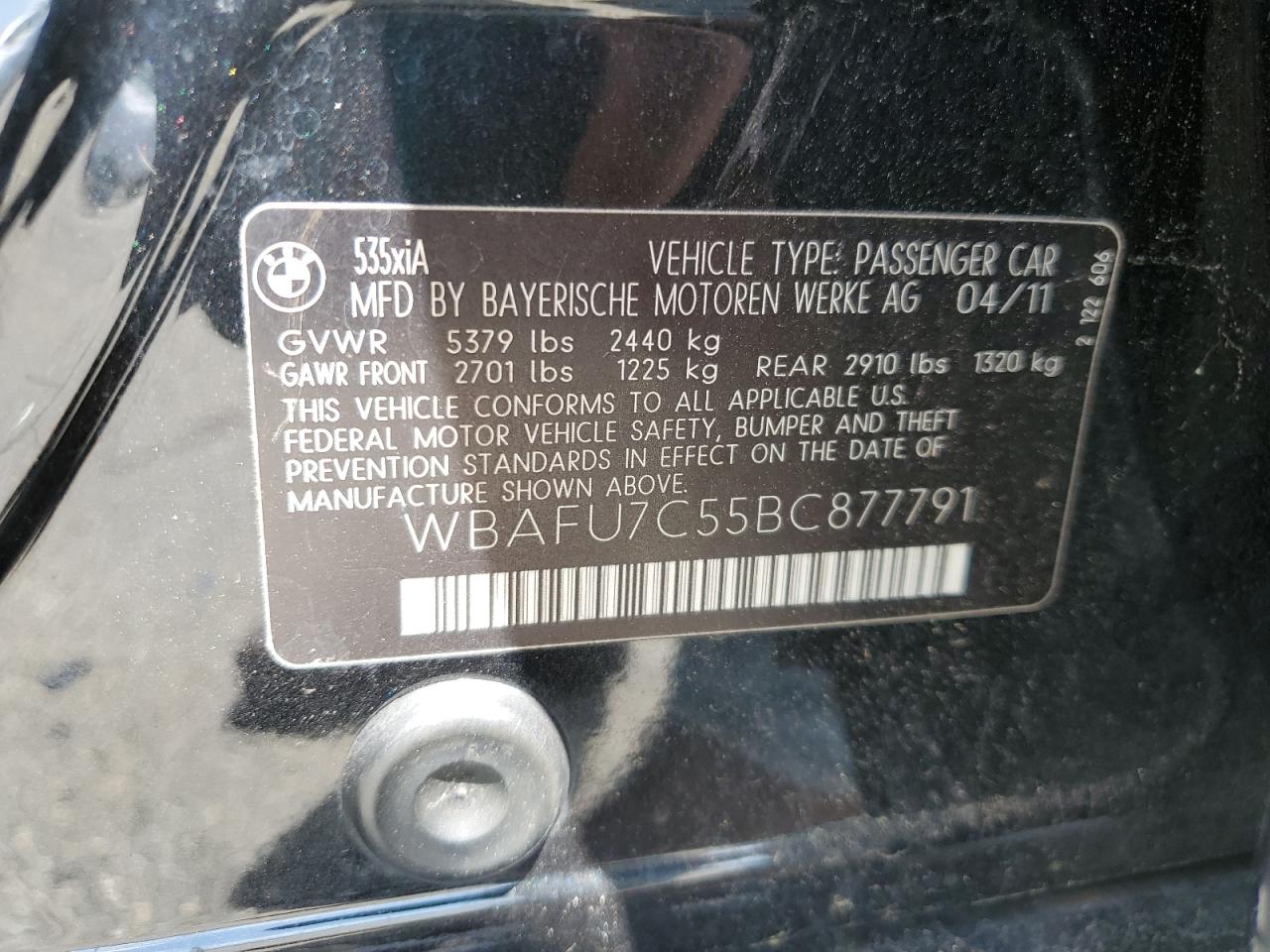 2011 BMW 535 Xi VIN: WBAFU7C55BC877791 Lot: 62870524