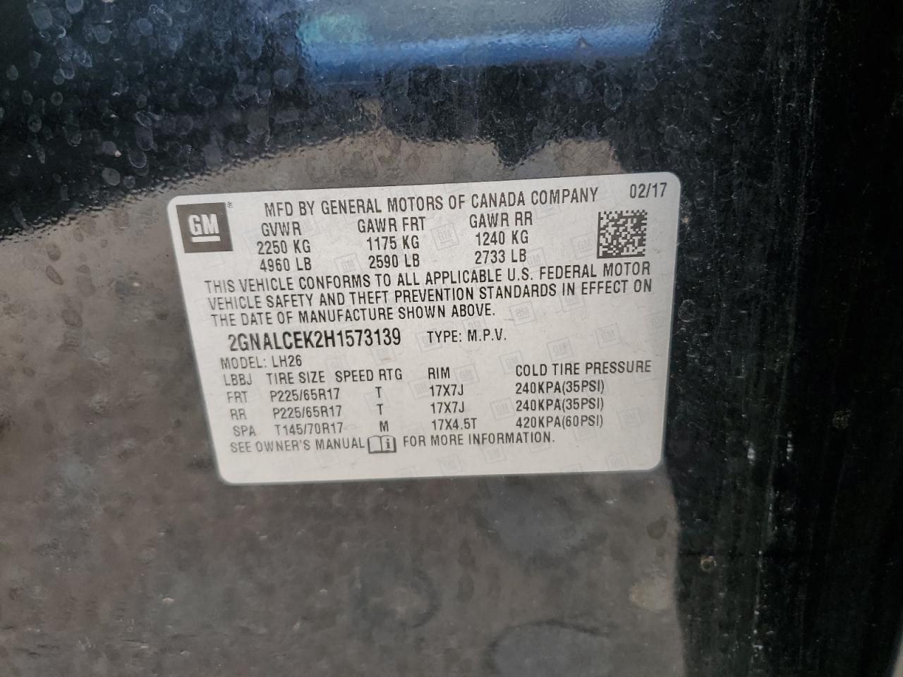 2GNALCEK2H1573139 2017 Chevrolet Equinox Lt