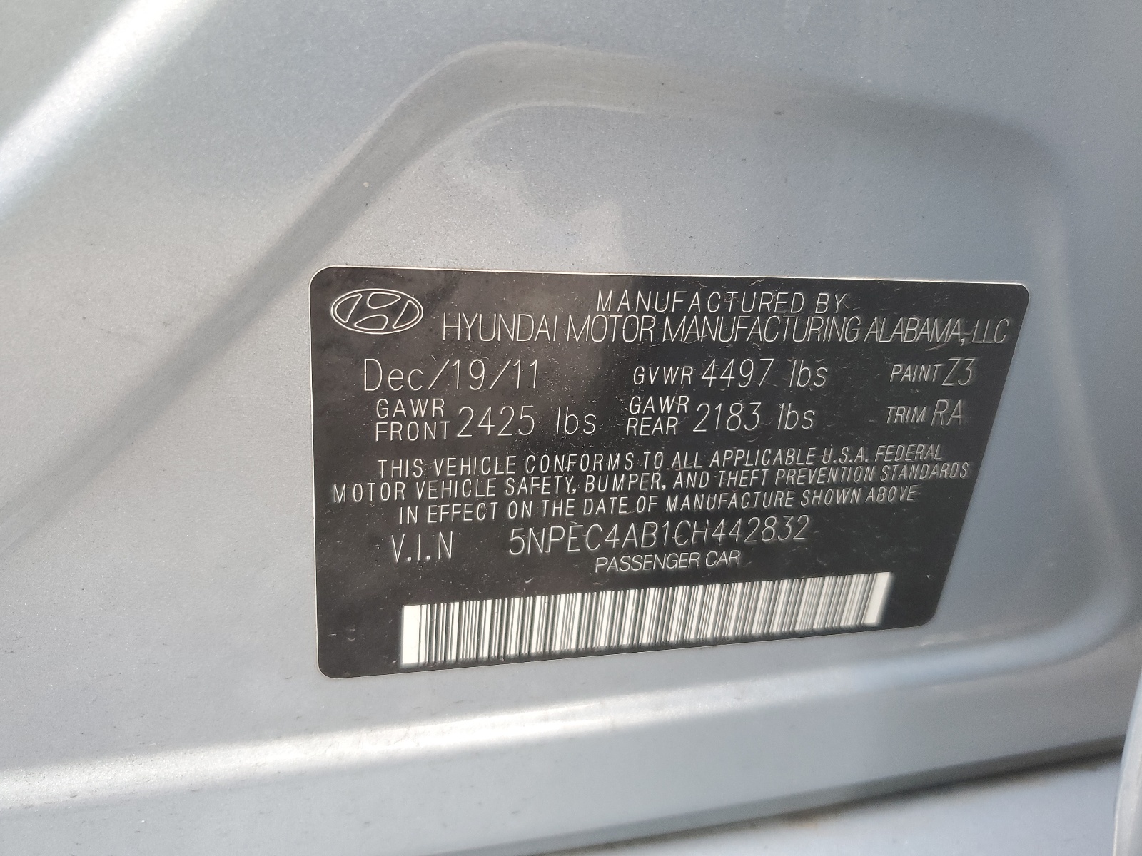 2012 Hyundai Sonata Se vin: 5NPEC4AB1CH442832