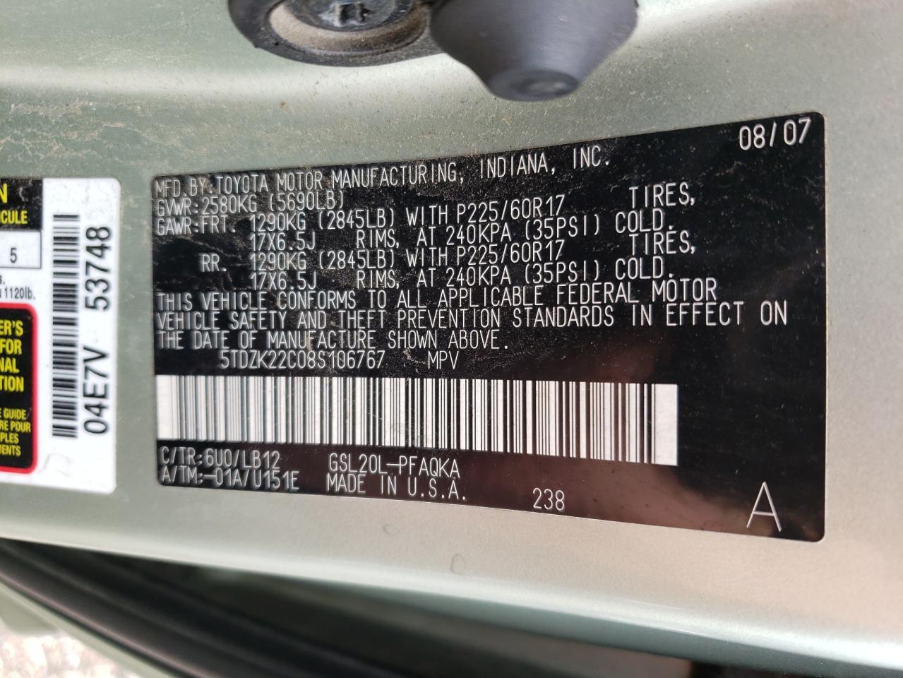 5TDZK22C08S106767 2008 Toyota Sienna Xle