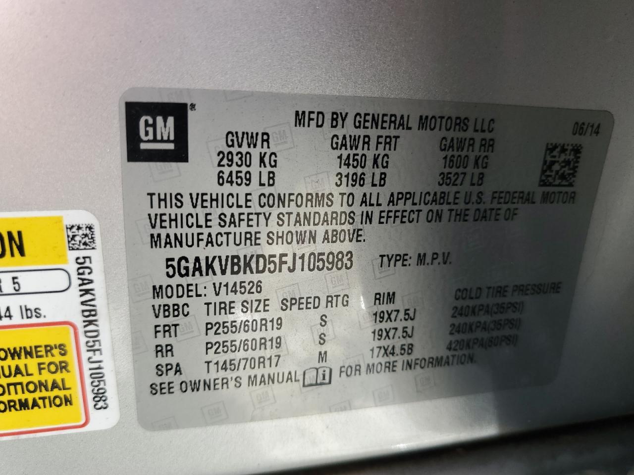 2015 Buick Enclave VIN: 5GAKVBKD5FJ105983 Lot: 65180524